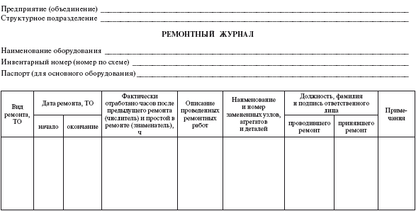 Образец журнал техобслуживания оборудования