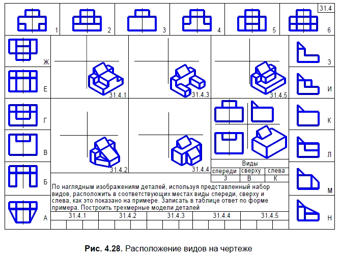 По наглядным изображениям деталей используя представленный набор видов расположить в соответствующих