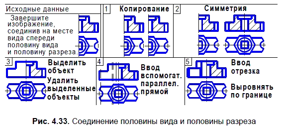 Завершите изображение соединив на месте вида спереди часть вида и часть разреза