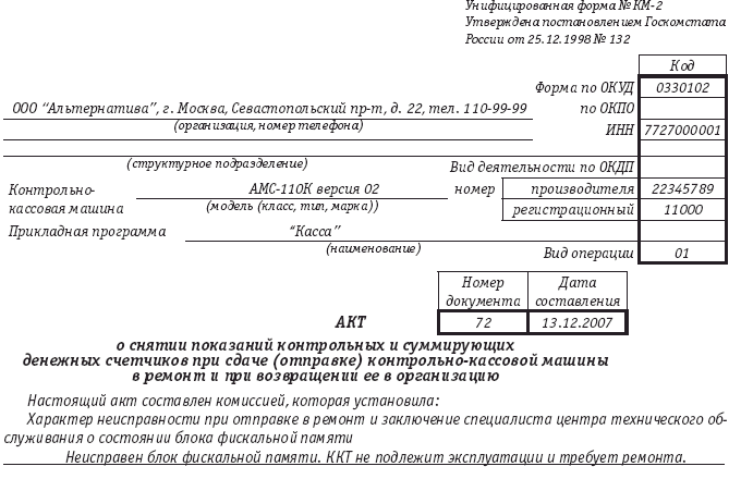 Акт в налоговую о чеке коррекции образец