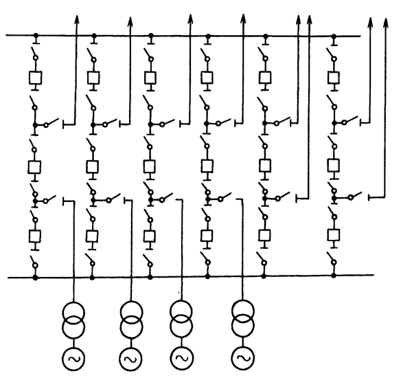 Схема с двумя системами шин и четырьмя выключателями на три цепи