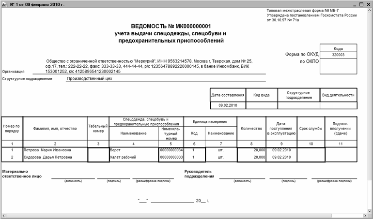 Ведомость получения спецодежды образец