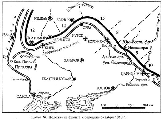 Линия фронта обозначенная в легенде схемы буквой б установилась в 1943 г