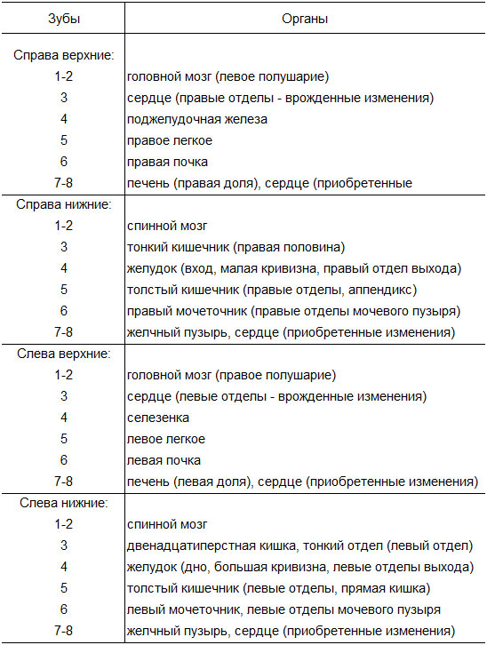 Какой зуб отвечает за какой орган схема